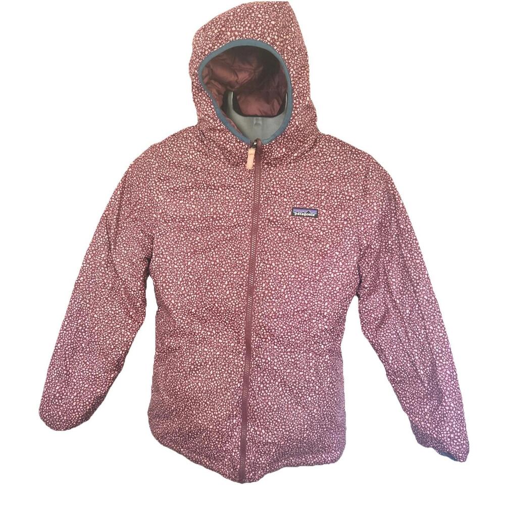Patagonia Girls Down Sweater Jacket Reversible 14/XL Floral/Burgundy/Blue READ